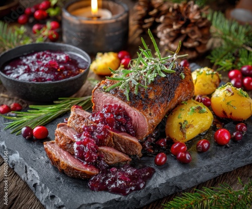 Deer with Vegetables on Cranberry Sauce - Wild Game Meat, on the table, with space for copying