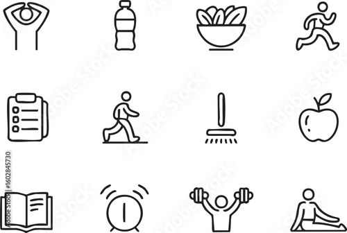 Healthy Lifestyle Icons Set Featuring Water Bottle Salad Running Shower Alarm Clock and Weightlifting in a Minimalist Line