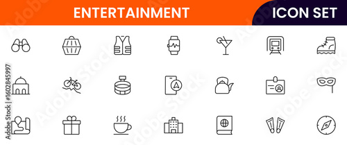Entertainment vector line icons featuring music, games, books, movies, instruments, painting, photography, theater, and creative activities.