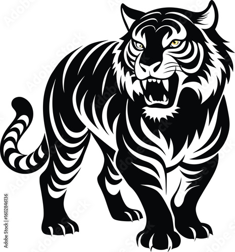 Aggressive snarling tiger with golden eyes, rendered as a bold black and white graphic vector illustration.