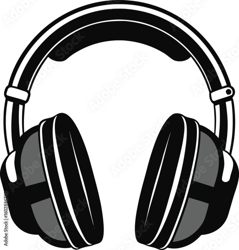 Classic over-ear headphones illustrated in a bold grayscale style, perfect for music, audio, or podcasting concepts.