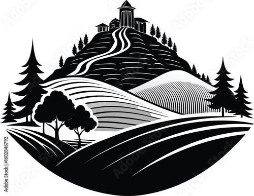 Stylized countryside scenery with a castle on a hilltop and rolling agricultural fields in a retro woodcut style.