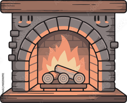 Cozy Fireplace with Burning Logs and Smiling Bricks for Warm Holiday Atmosphere