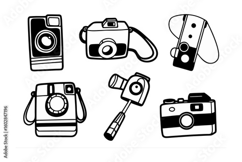 Collection of hand drawn sketchy illustrations of various vintage and modern cameras including instant and selfie stick models