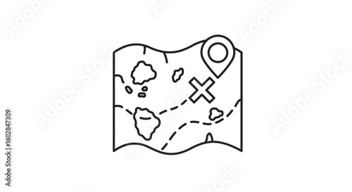 Treasure Map Illustration: Folded Paper with X Marking Spot, Islands, and Location Pin