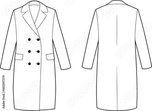 Long double-breasted coat fashion flat sketch, vector template, technical drawing, coat front and back view, apparel CAD design