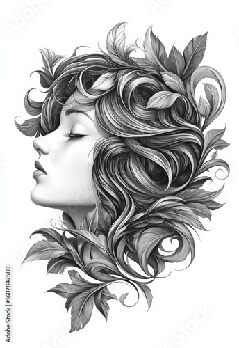 Tattoo design: a girl with her hair flowing in the wind, elegant curves, against a white background