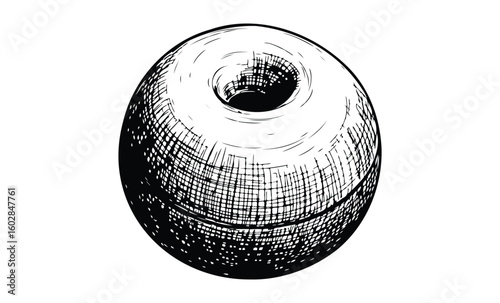Detailed black and white sketch of a rounded wooden spool with textured surface. Vector retro hand drawn illustration.