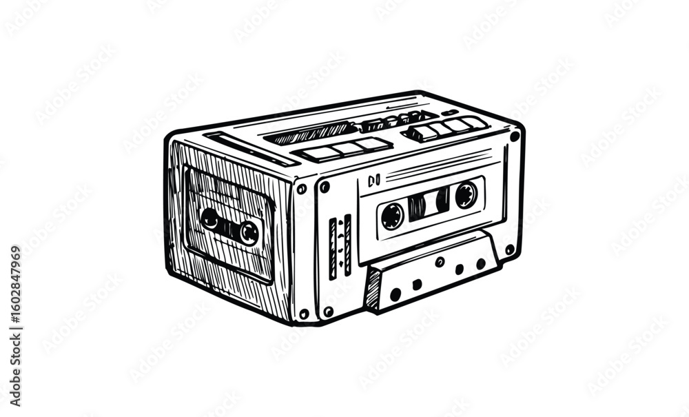 Obraz premium Hand-drawn vintage cassette tape illustration in black and white. Vector retro hand drawn illustration.
