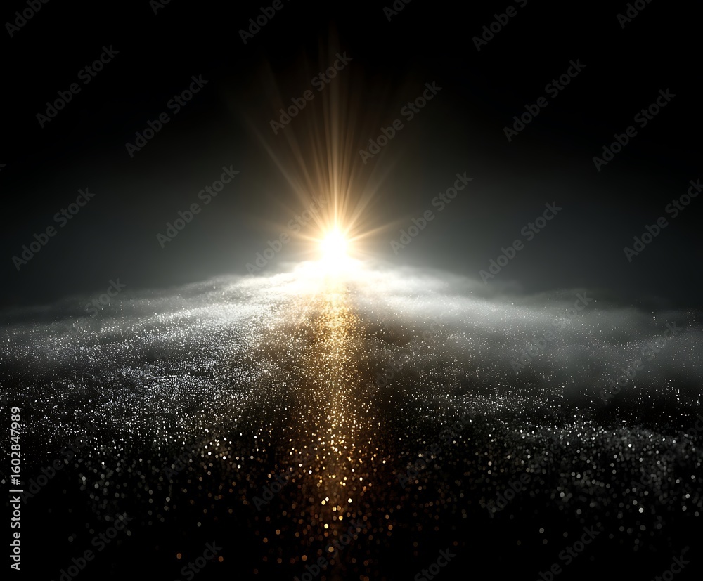 Obraz premium the image features a radiant light source positioned near the center, emitting bright golden rays upwards and a stream of glittering particles downwards