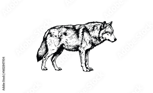 Detailed black and white wolf illustration on white background. Vector retro hand drawn illustration.