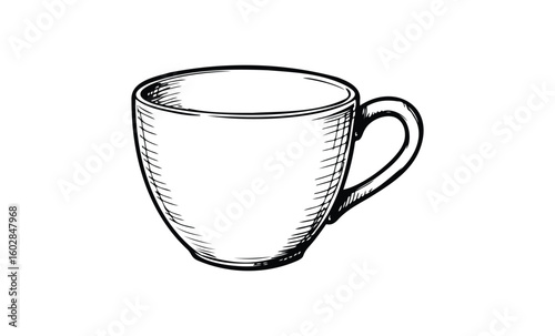Hand-drawn sketch of a classic ceramic coffee cup with handle. Vector retro hand drawn illustration.