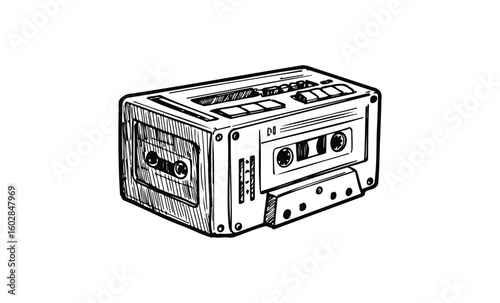 Hand-drawn vintage cassette tape illustration in black and white. Vector retro hand drawn illustration.