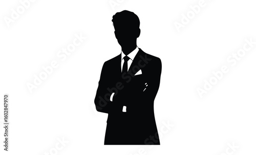 Silhouette of a young adult male executive in a suit. Vector retro hand drawn illustration.