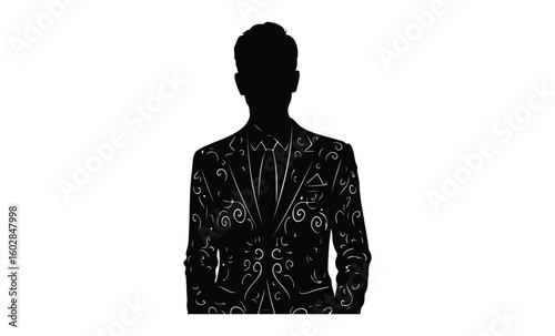 Silhouette of male in ornate suit pattern against white background. Vector retro hand drawn illustration.