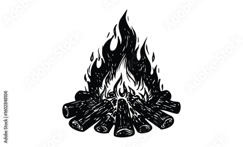 Monochrome illustration of a campfire with burning logs and flames. Vector retro hand drawn illustration.