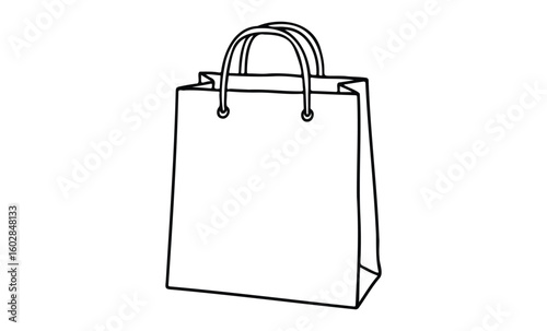 Minimalist sketch of a shopping bag with handles outline. Vector retro hand drawn illustration.