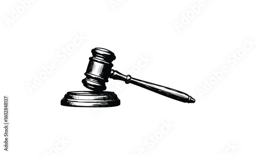 Black and white gavel illustration on plain background. Vector retro hand drawn illustration.