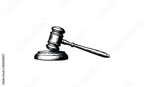 Black and white gavel on stand symbolizing justice and judgment. Vector retro hand drawn illustration.