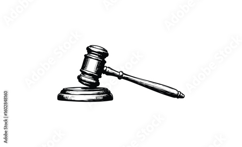 Monochrome gavel illustration of judge's hammer on sound block. Vector retro hand drawn illustration.
