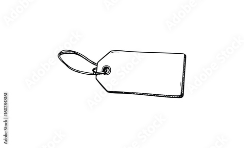 Blank rectangular price tag with string loop. Vector retro hand drawn illustration.