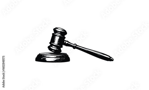 Wooden judge gavel on sound block isolated on white background. Vector retro hand drawn illustration.