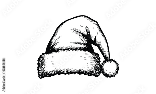 Hand-drawn santa hat illustration with fluffy trim and pom pom in black and white. Vector retro hand drawn illustration.