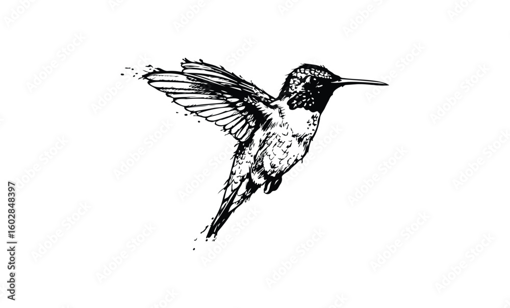 Fototapeta premium Intricate sketch of a hummingbird in mid-flight with detailed feathers. Vector retro hand drawn illustration.