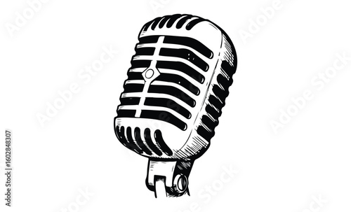 Vintage microphone illustration with classic retro design and grille detailing. Vector retro hand drawn illustration.
