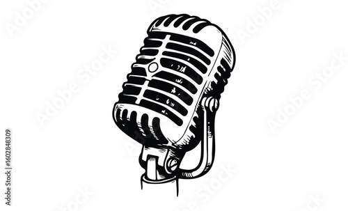 Vintage microphone sketch: classic audio equipment drawing with retro design. Vector retro hand drawn illustration.