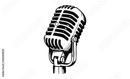 Vintage microphone black and white retro illustration. Vector retro hand drawn illustration.