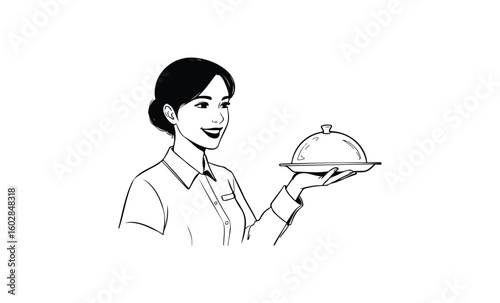 Smiling asian female waitress holding a covered dish. Vector retro hand drawn illustration.