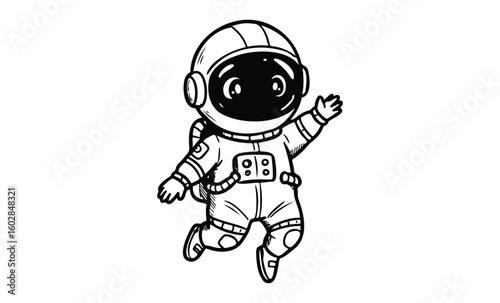 Adorable cartoon astronaut in space suit waving in space. Vector retro hand drawn illustration.
