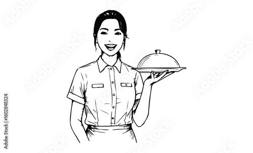 Female asian young waitress holding serving tray sketch in uniform. Vector retro hand drawn illustration.