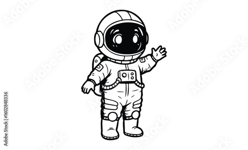Cute cartoon astronaut child in spacesuit waving hand illustration. Vector retro hand drawn illustration.