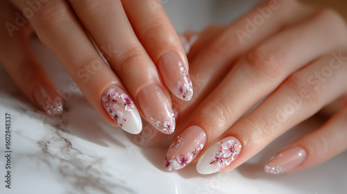 Close up of hands with almond shaped nails and floral design on marble surface