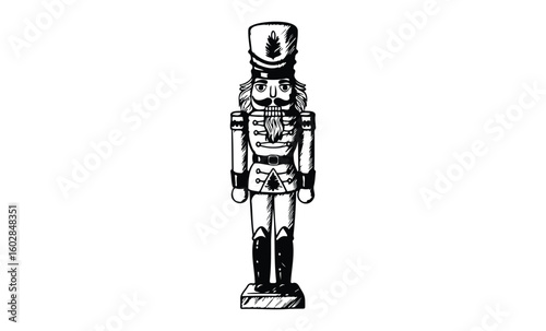 Vintage wooden nutcracker soldier drawing black and white. Vector retro hand drawn illustration.