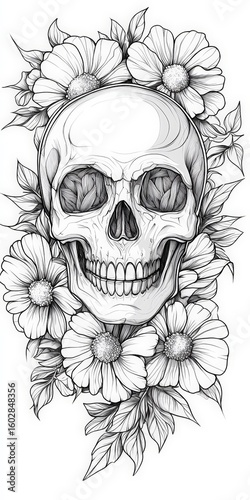 Tattoo design: a skull with flowers surrounding it, in grayscale