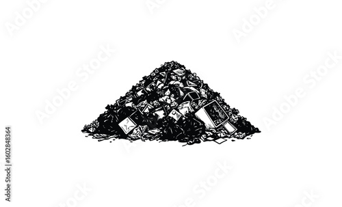 Monochrome pile of electronic waste and scraps. Vector retro hand drawn illustration.