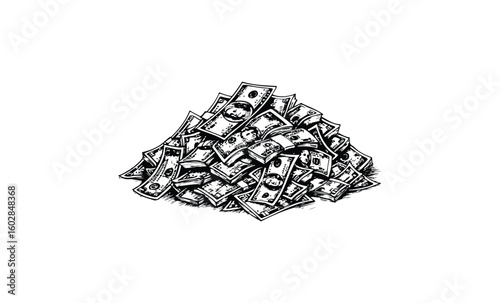 Black and white illustration of a pile of money with dollar bills. Vector retro hand drawn illustration.
