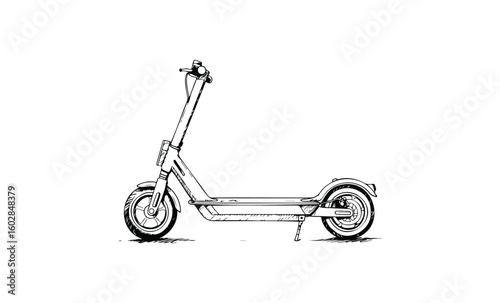 Sketch of a modern electric scooter side view. Vector retro hand drawn illustration.