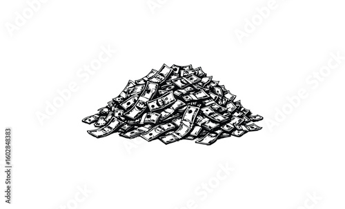 Pile of hand-drawn cash notes on white background. Vector retro hand drawn illustration.