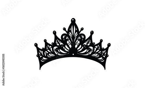 Intricate black tiara design with elegant swirls and coronets on white background. Vector retro hand drawn illustration.
