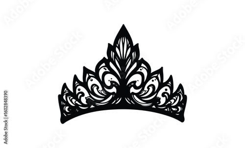 Elegant black ornate tiara with intricate floral patterns. Vector retro hand drawn illustration.