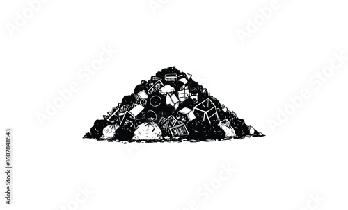 Monochrome pile of trash with various objects in black and white illustration. Vector retro hand drawn illustration.