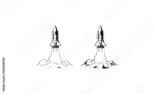 Twin space shuttles launching with billowing smoke against white background. Vector retro hand drawn illustration.