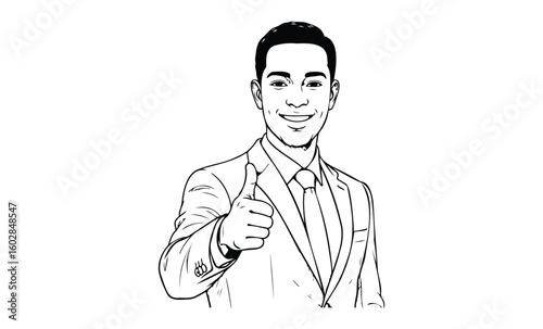 Smiling man in suit giving thumbs up gesture illustration. Vector retro hand drawn illustration.