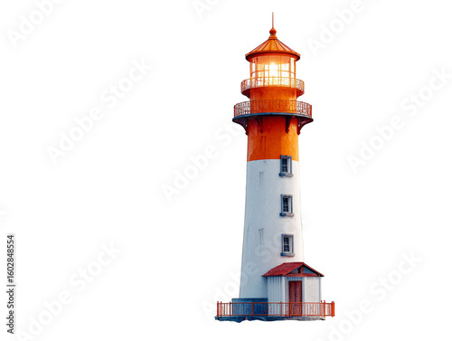 Tall lighthouse with bright light, orange and white facade, maritime navigation