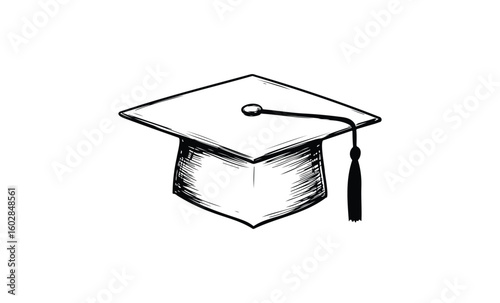Black and white sketch of graduation cap with tassel. Vector retro hand drawn illustration.