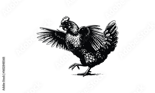 Detailed black and white illustration of dancing chicken with spread wings and fluffy feathers. Vector retro hand drawn illustration.